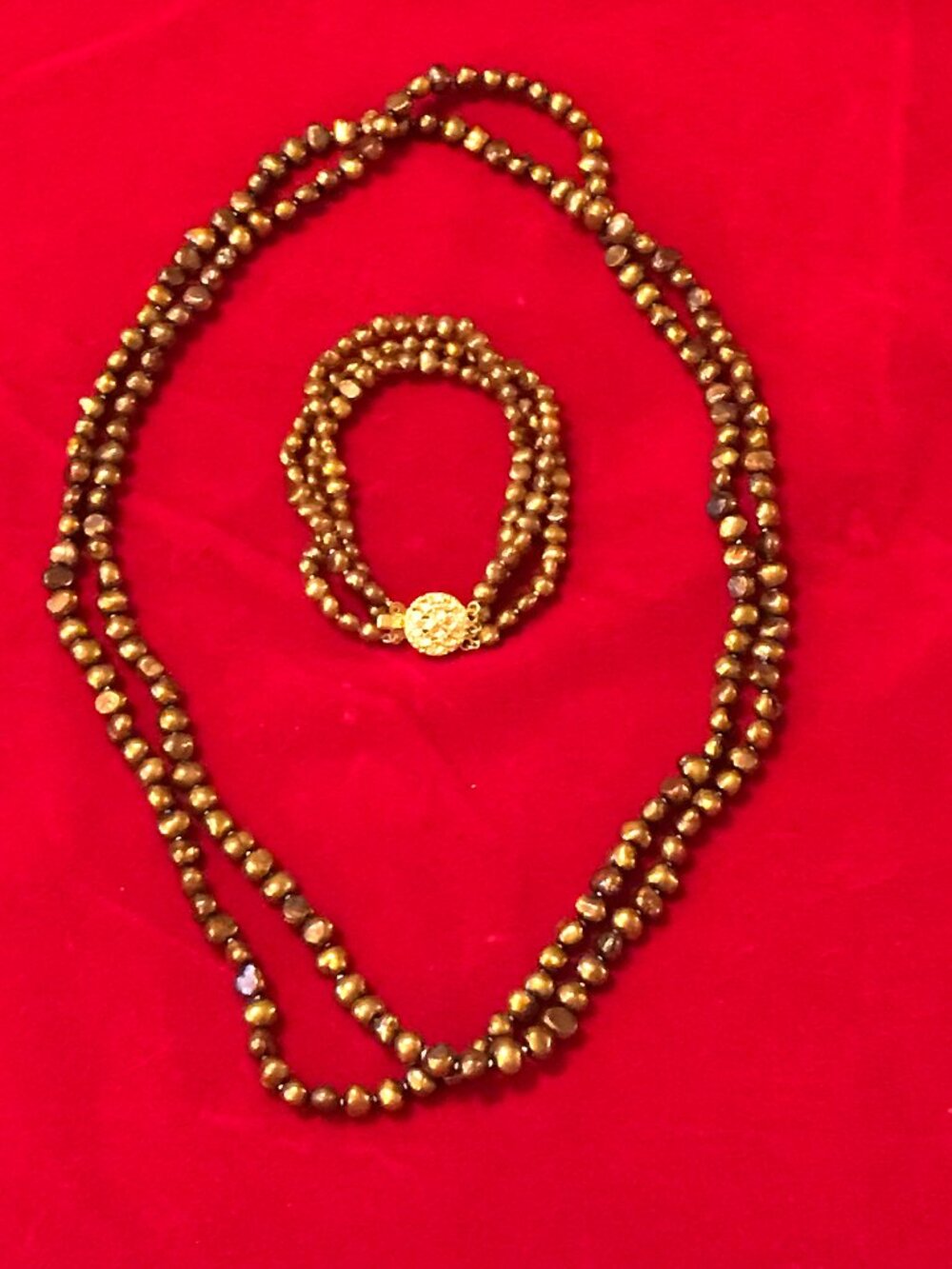 Vintage Single Strand Caramel Freshwater Pearl Necklace & 3 Strand Bracelet